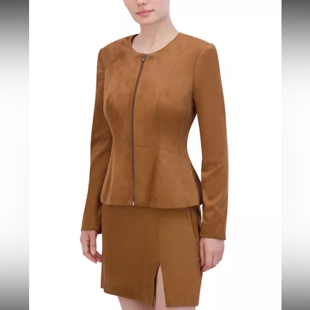 BCBGMAXAZRIA Faux Suede Jacket Cognac Zip Front Peplum Hem NWT Sz 2